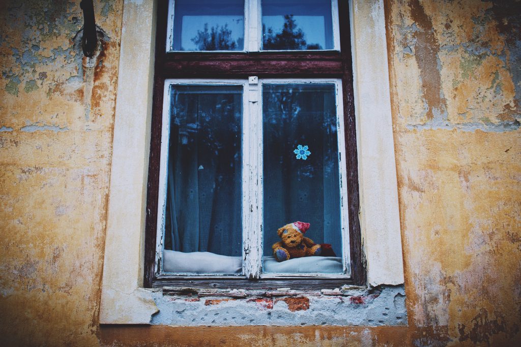 Teddy bear in the window - free stock photo