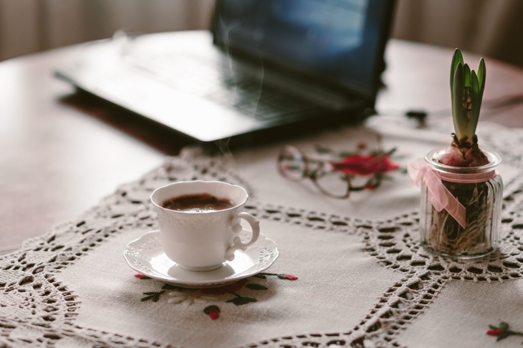 Cup of coffee, flower and laptop 2 - free stock photo