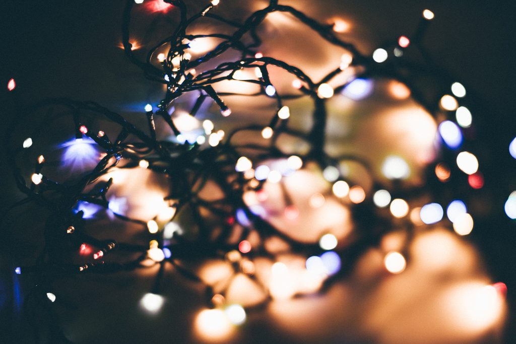 Tangled Christmas lights bokeh - free stock photo