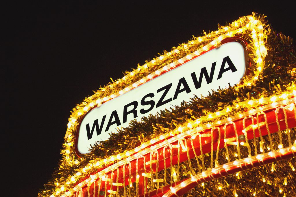 Warsaw sign in Christmas lights - free stock photo