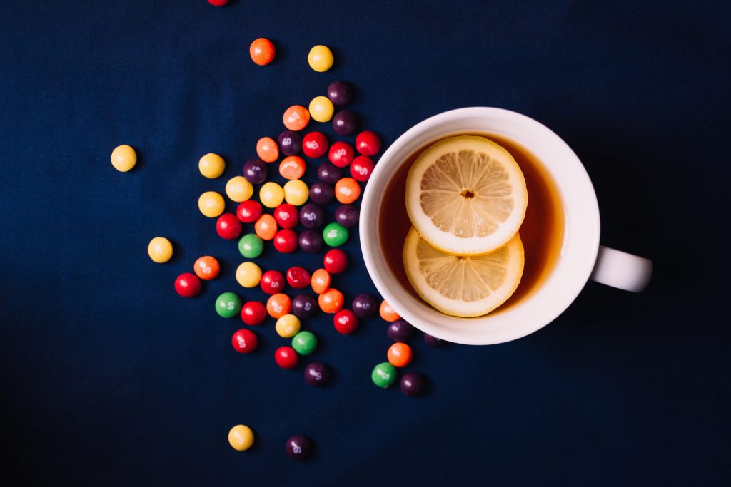 Tea with lemon and Skittles - free stock photo