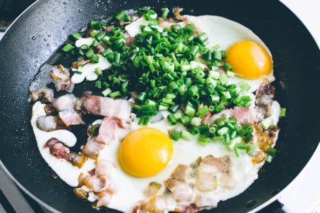 Eggs, bacon and chive on the frying pan 2 - free stock photo