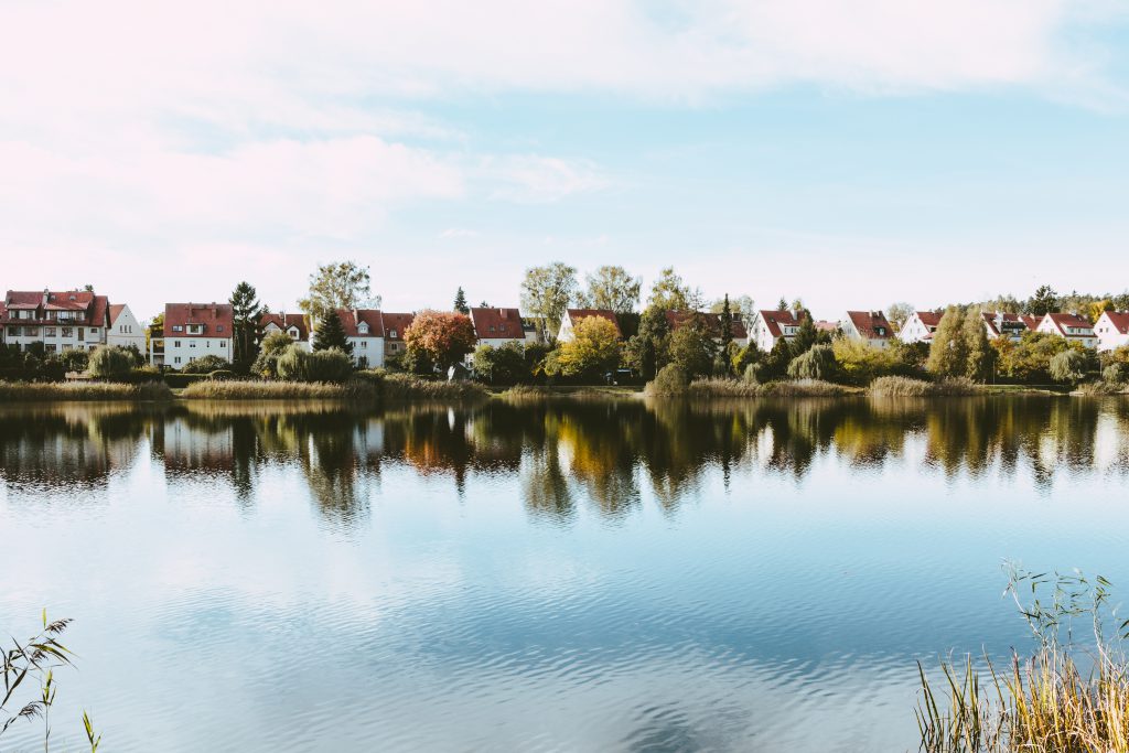 apartment complex by the lake