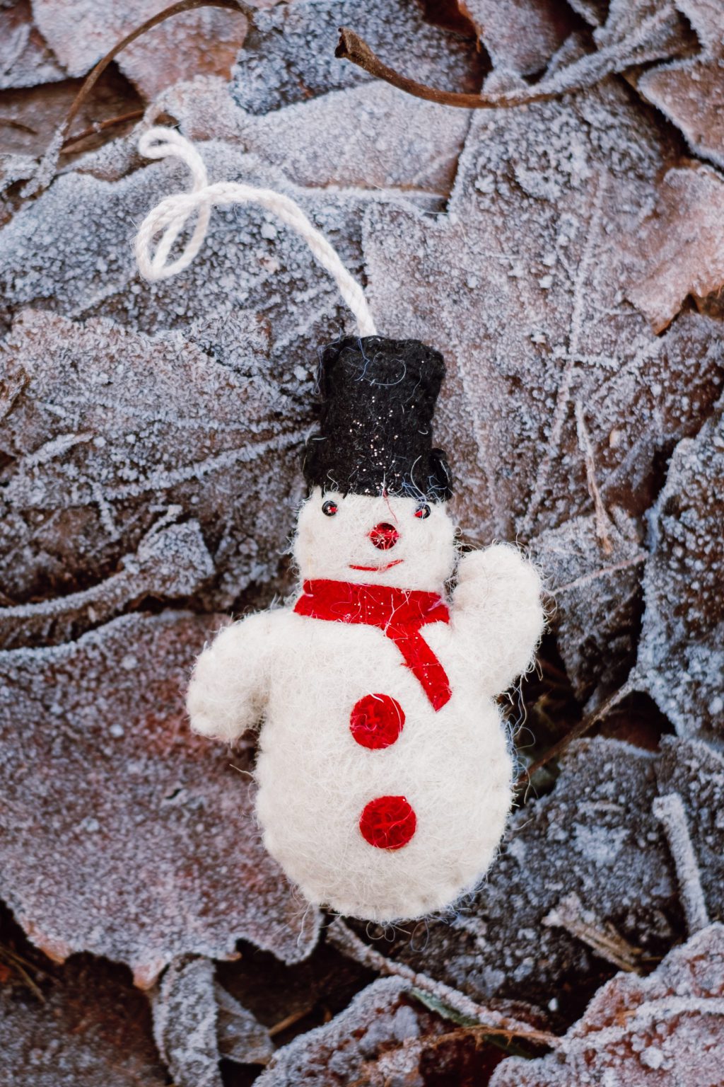 Felted snowman on frosted leaves - free stock photo