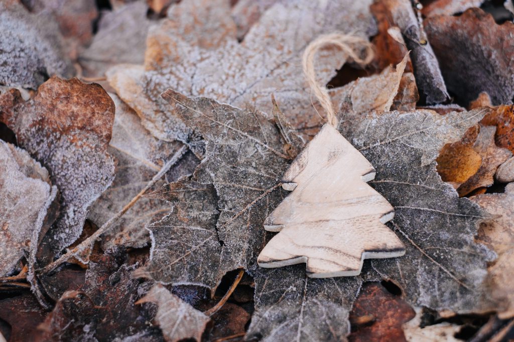 Wooden Christmas tree on frosted leaves 2 - free stock photo