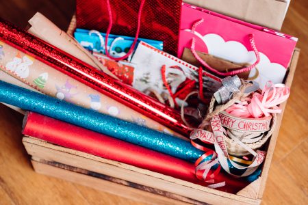 Christmas bags, wrapping paper and ribbons 2 - free stock photo
