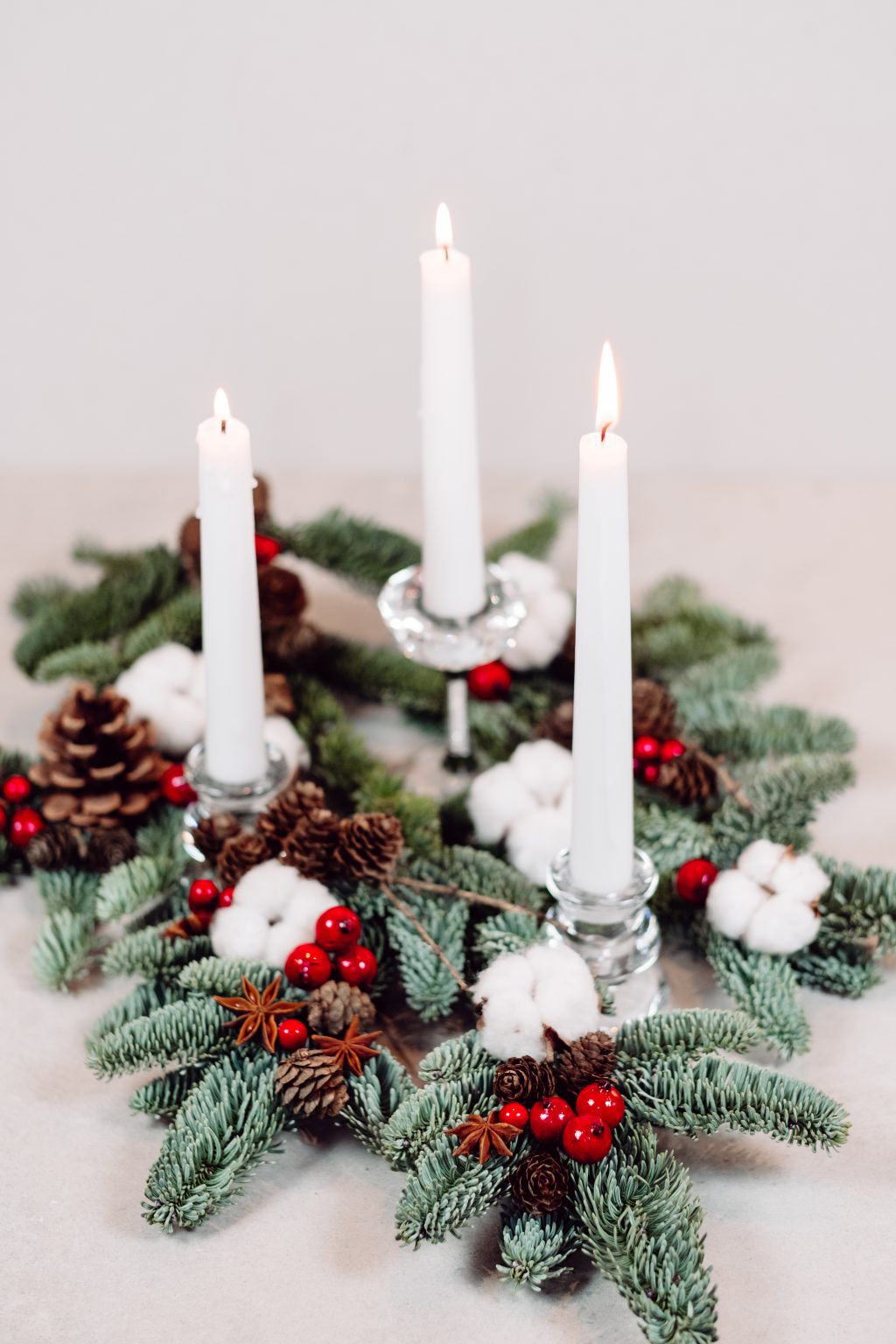 Christmas spruce decoration with candles - free stock photo