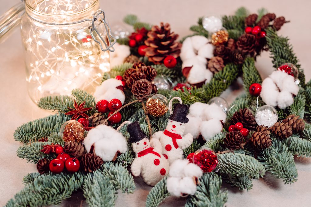 Christmas spruce decoration with lights in a jar - free stock photo