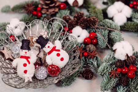 Christmas spruce decoration with snowmen - free stock photo