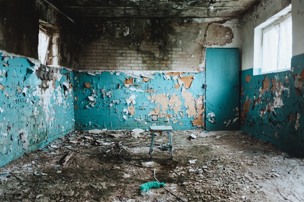 Old Abandoned Ruined Building Wet Ceiling Stock Photo 2148436645