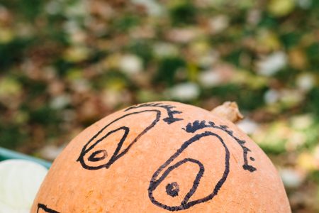 Pumpkin with a drawn face at an outdoors vegetable market 3 - free stock photo