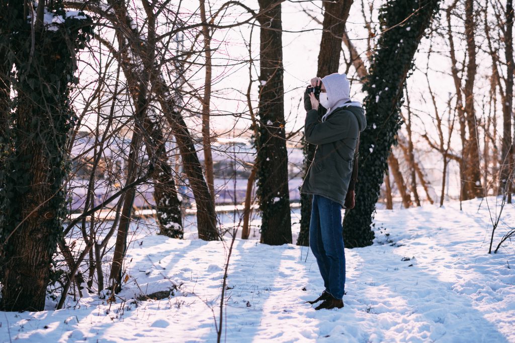 Male taking a photo in the park on a sunny winter afternoon - free stock photo