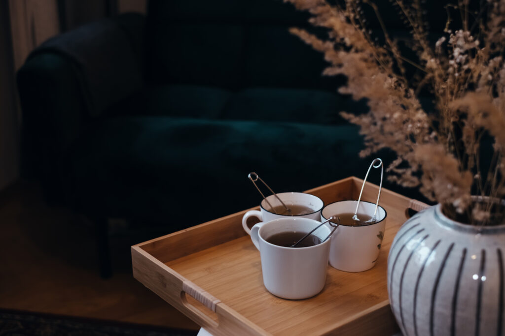 Tea brewing in ceramic cups on a wooden tray 4 - free stock photo