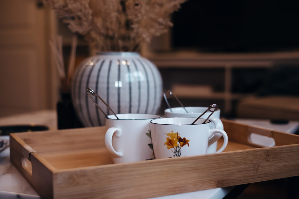 Tea brewing in ceramic cups on a wooden tray 6 - free stock photo