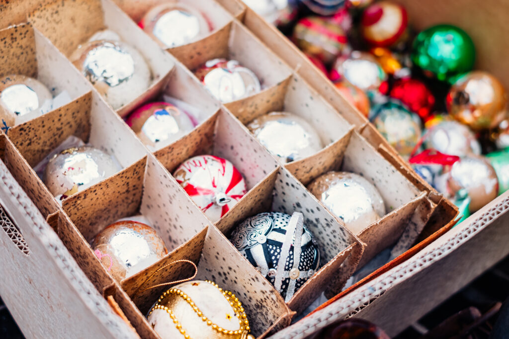 Old vintage Christmas ornaments at a flea market - free stock photo